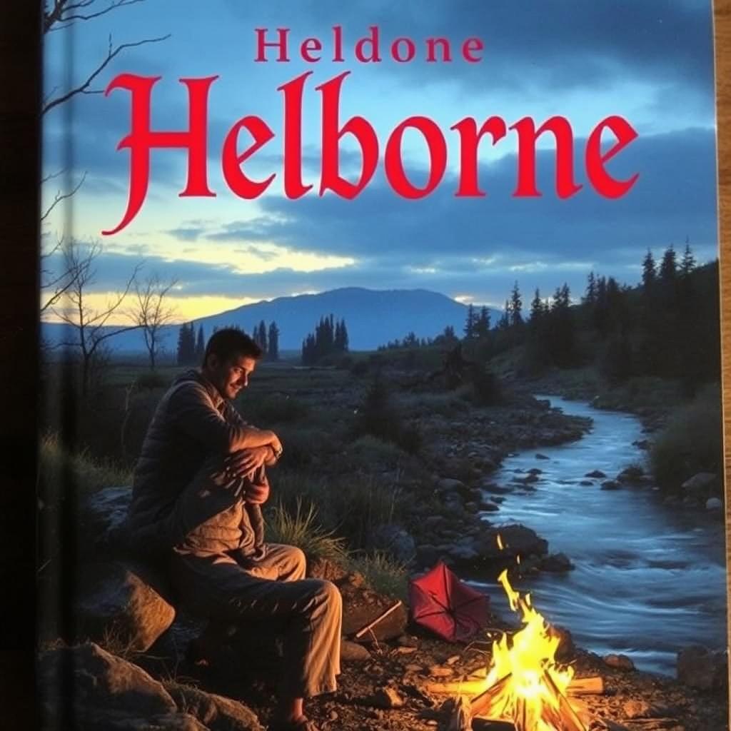 A man sitting on a stone beside a campfire and a river, with the title 'Helborne' written in red at the top