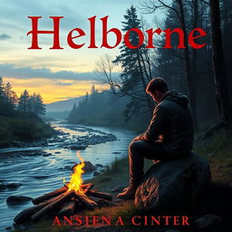 A man sitting on a stone beside a campfire and a river, with the title 'Helborne' written in red at the top