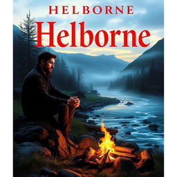 A man sitting on a stone beside a campfire and a river, with the title 'Helborne' written in red at the top