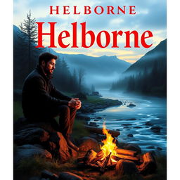 A man sitting on a stone beside a campfire and a river, with the title 'Helborne' written in red at the top