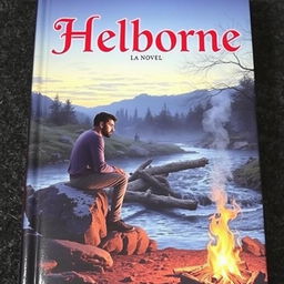 A man sitting on a stone beside a campfire and a river, with the title 'Helborne' written in red at the top