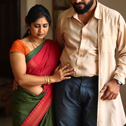 A middle-aged Hindu woman wearing a low-waist saree with her belly and navel visible, standing next to a Muslim man