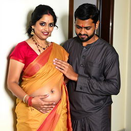 A middle-aged Hindu woman wearing a low-waist saree with her belly and navel visible, standing next to a Muslim man