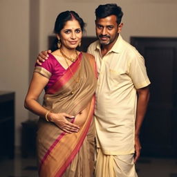 A middle-aged Hindu woman wearing a low-waist saree with her belly and navel visible, standing next to a Muslim man