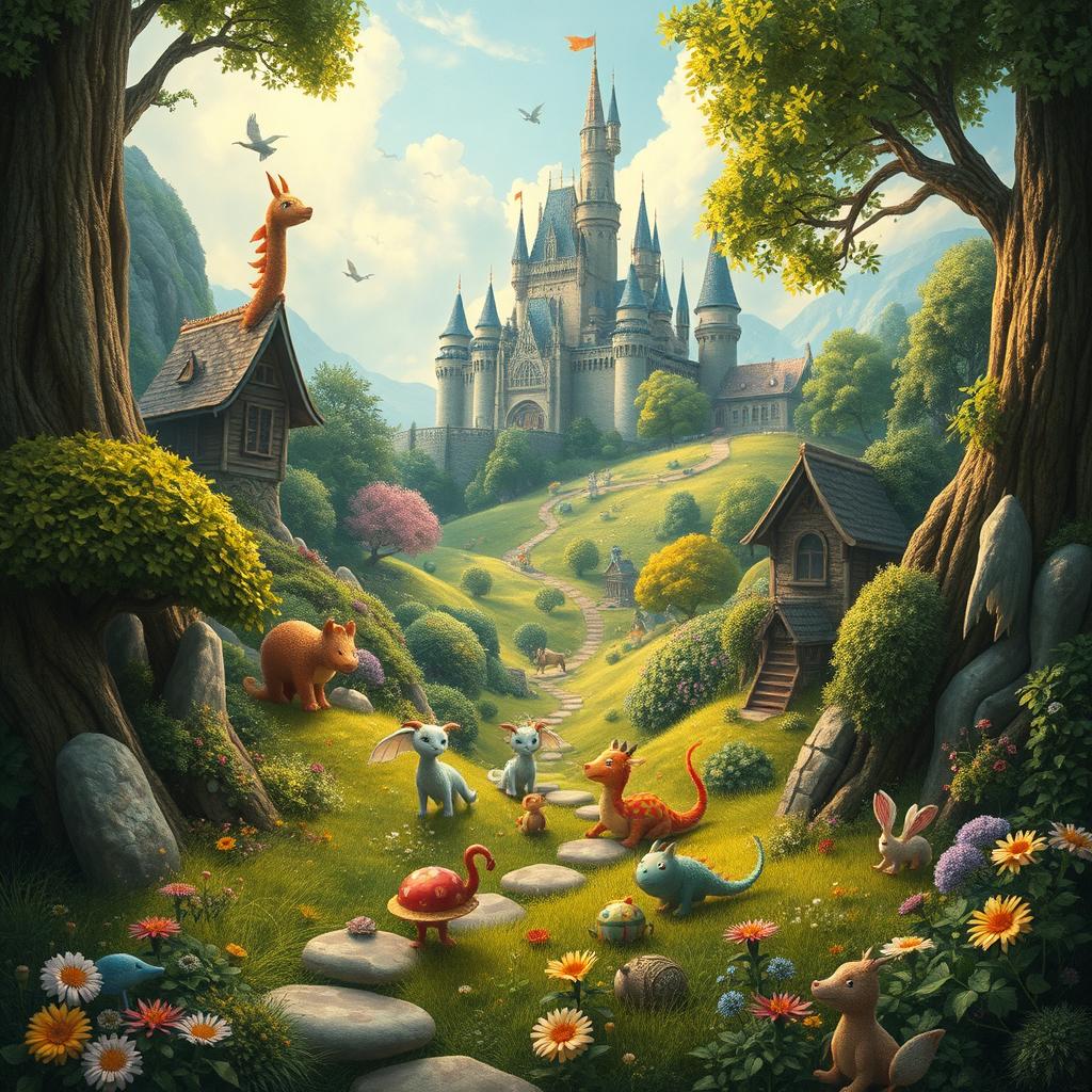 Create a detailed and imaginative image that showcases a whimsical and vibrant fantasy landscape, filled with magical creatures, lush greenery, and a majestic castle in the background