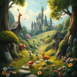 Create a detailed and imaginative image that showcases a whimsical and vibrant fantasy landscape, filled with magical creatures, lush greenery, and a majestic castle in the background