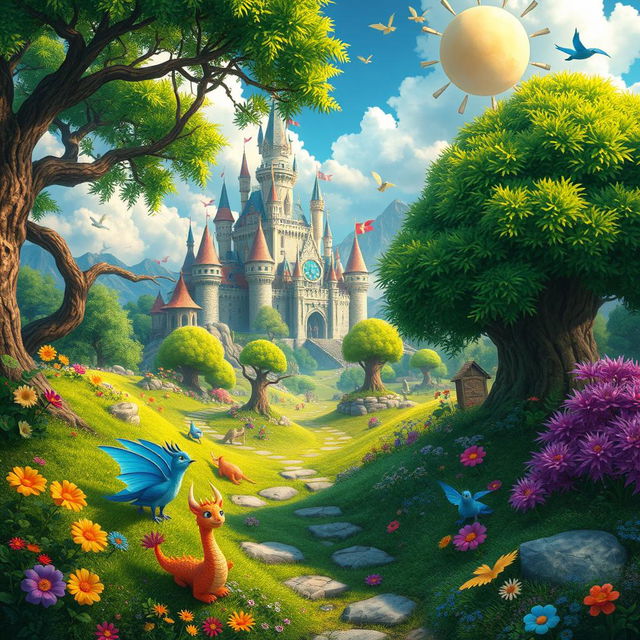 Create a detailed and imaginative image that showcases a whimsical and vibrant fantasy landscape, filled with magical creatures, lush greenery, and a majestic castle in the background