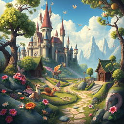 Create a detailed and imaginative image that showcases a whimsical and vibrant fantasy landscape, filled with magical creatures, lush greenery, and a majestic castle in the background