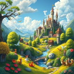 Create a detailed and imaginative image that showcases a whimsical and vibrant fantasy landscape, filled with magical creatures, lush greenery, and a majestic castle in the background