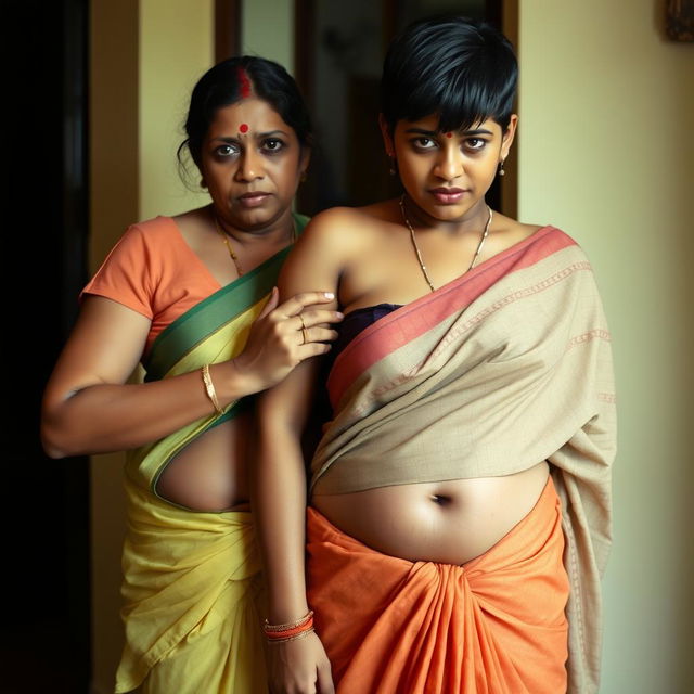 A middle-aged Hindu woman wearing a low-waist saree with her belly and navel visible, standing next to a young boy