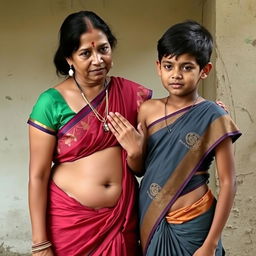 A middle-aged Hindu woman wearing a low-waist saree with her belly and navel visible, standing next to a young boy