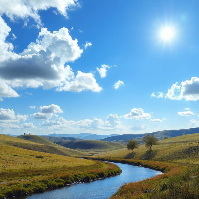 A serene landscape featuring rolling hills, a clear blue sky with fluffy clouds, and a gentle river flowing through the scene