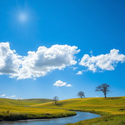 A serene landscape featuring rolling hills, a clear blue sky with fluffy clouds, and a gentle river flowing through the scene