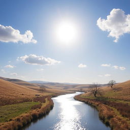 A serene landscape featuring rolling hills, a clear blue sky with fluffy clouds, and a gentle river flowing through the scene