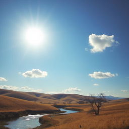 A serene landscape featuring rolling hills, a clear blue sky with fluffy clouds, and a gentle river flowing through the scene