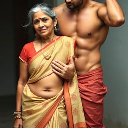 A middle-aged Hindu woman wearing a low-waist saree with her belly and navel visible, standing next to a fit, muscular man