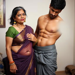 A middle-aged Hindu woman wearing a low-waist saree with her belly and navel visible, standing next to a fit, muscular man