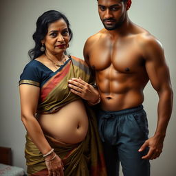 A middle-aged Hindu woman wearing a low-waist saree with her belly and navel visible, standing next to a fit, muscular man