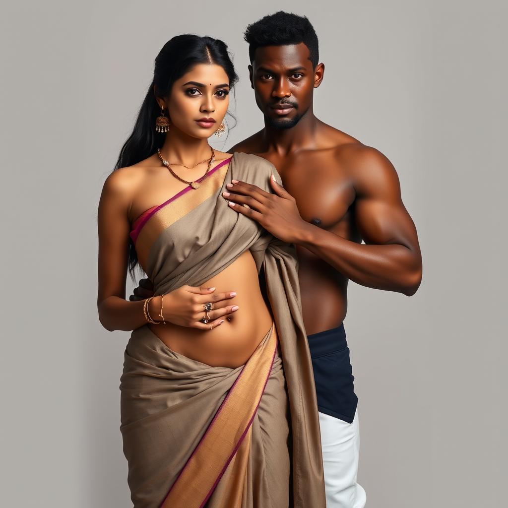 An Indian woman wearing a low-waist saree with her belly and navel visible, standing next to a fit, muscular black man