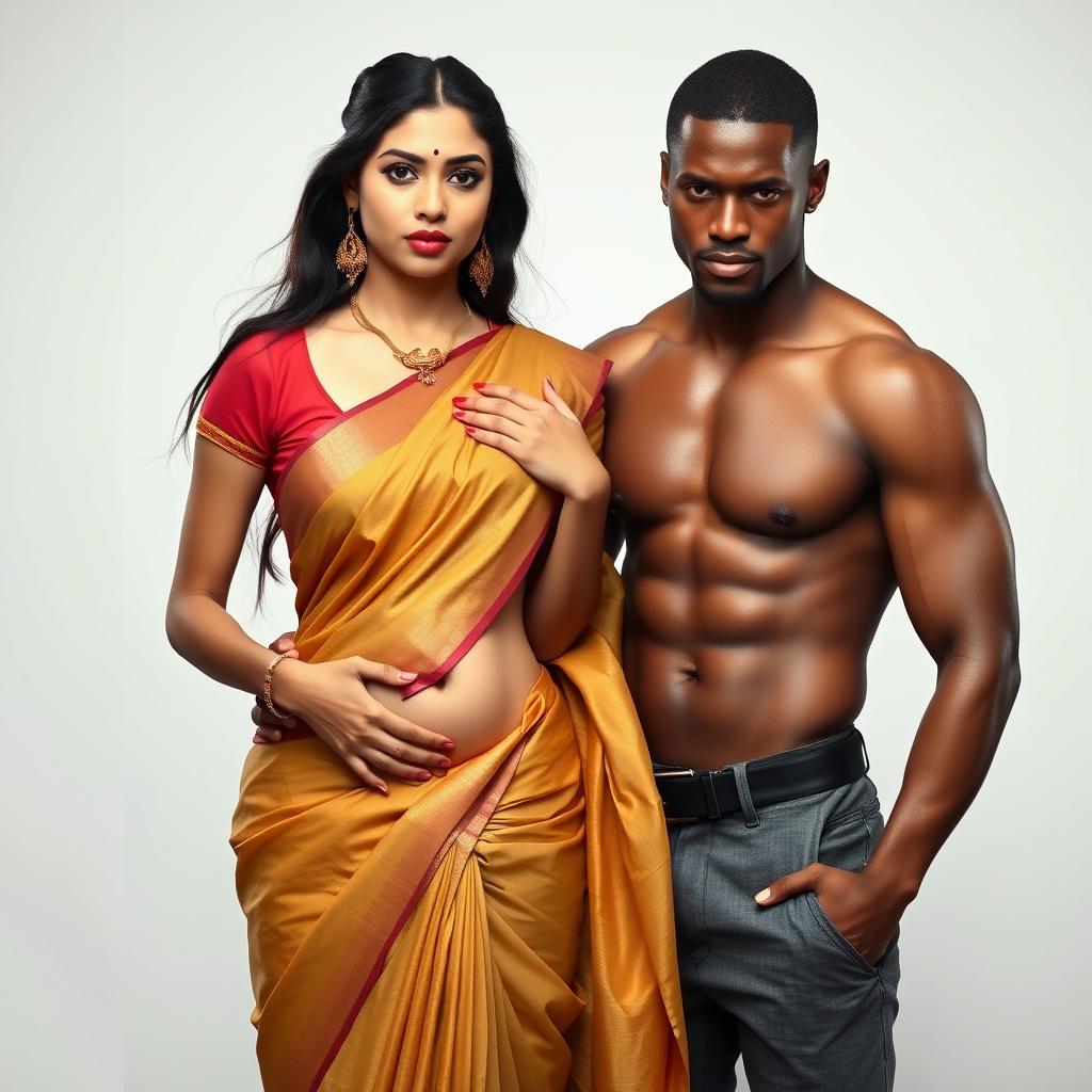 An Indian woman wearing a low-waist saree with her belly and navel visible, standing next to a fit, muscular black man