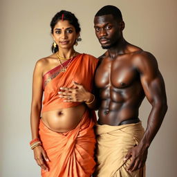 An Indian mature woman wearing a low-waist saree with her belly and navel visible, standing next to a fit, muscular black man