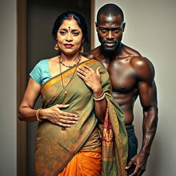 An Indian mature woman wearing a low-waist saree with her belly and navel visible, standing next to a fit, muscular black man