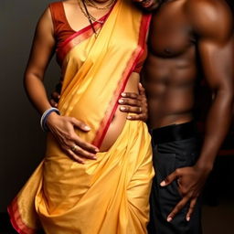 An Indian mature woman wearing a low-waist saree and sleeveless blouse, with her belly and navel visible