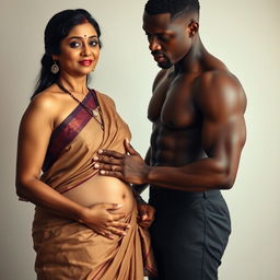 An Indian mature woman wearing a low-waist saree and sleeveless blouse, with her belly and navel visible