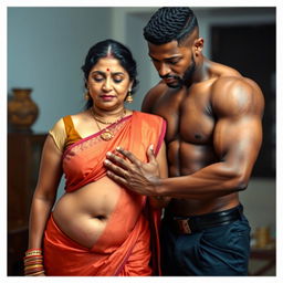 An Indian mature woman wearing a low-waist saree and sleeveless blouse, with her belly and navel visible