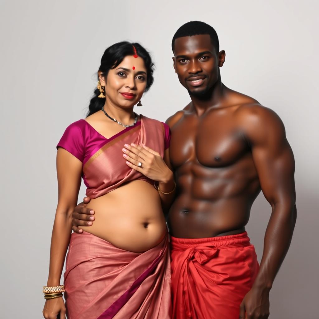 An Indian mature woman wearing a low-waist saree and a sleeveless blouse, with her belly and navel visible