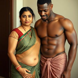 An Indian mature woman wearing a low-waist saree and a sleeveless blouse, with her belly and navel visible