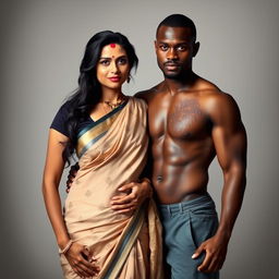 An Indian mature woman wearing a low-waist saree and a sleeveless blouse, with her belly and navel visible