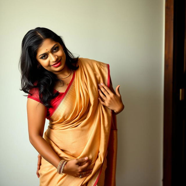 An Indian mature woman wearing a low-waist saree and a sleeveless blouse, with her belly and navel visible