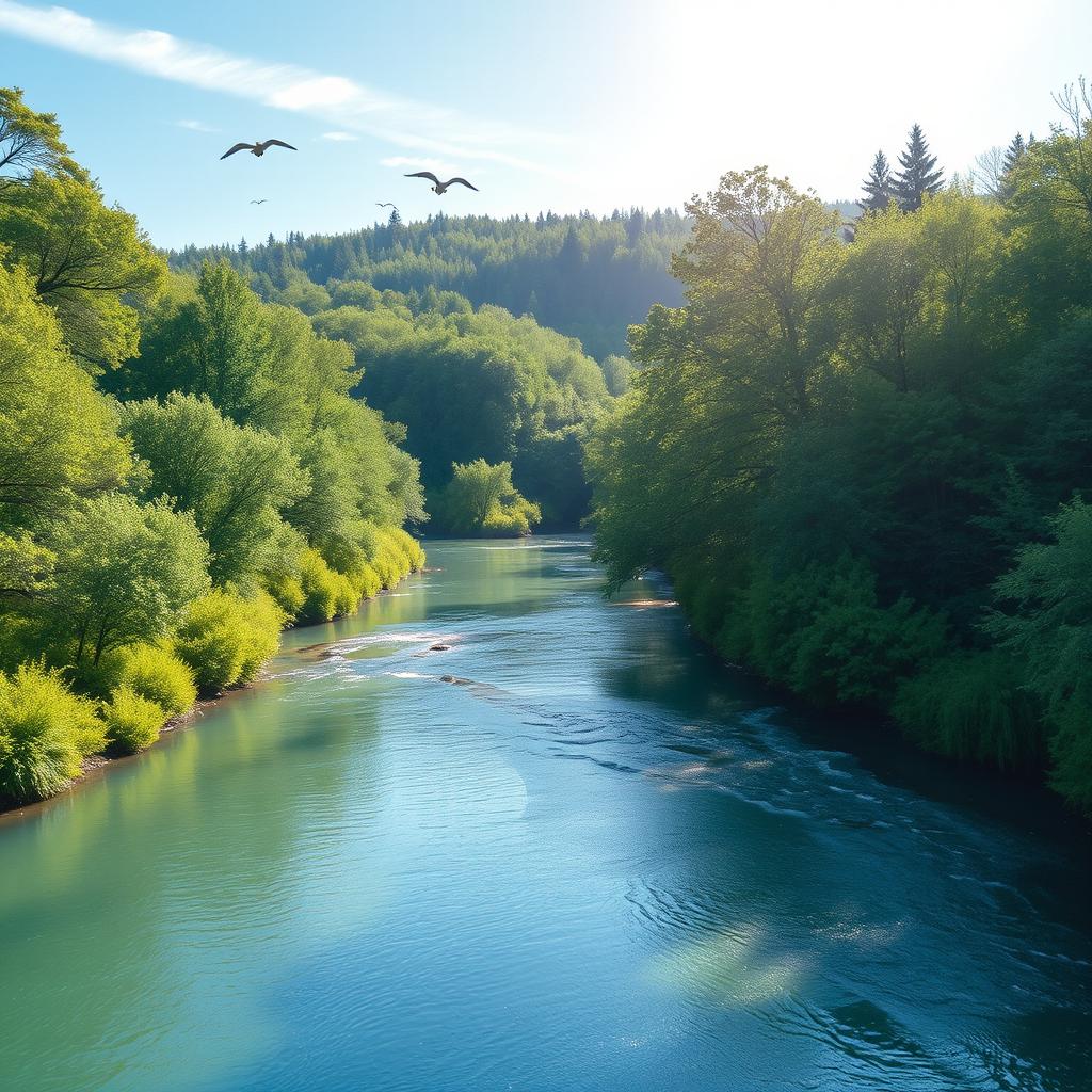 A serene landscape featuring a peaceful river flowing through a lush green forest, with birds flying in the clear blue sky and sunlight filtering through the trees