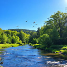 A serene landscape featuring a peaceful river flowing through a lush green forest, with birds flying in the clear blue sky and sunlight filtering through the trees