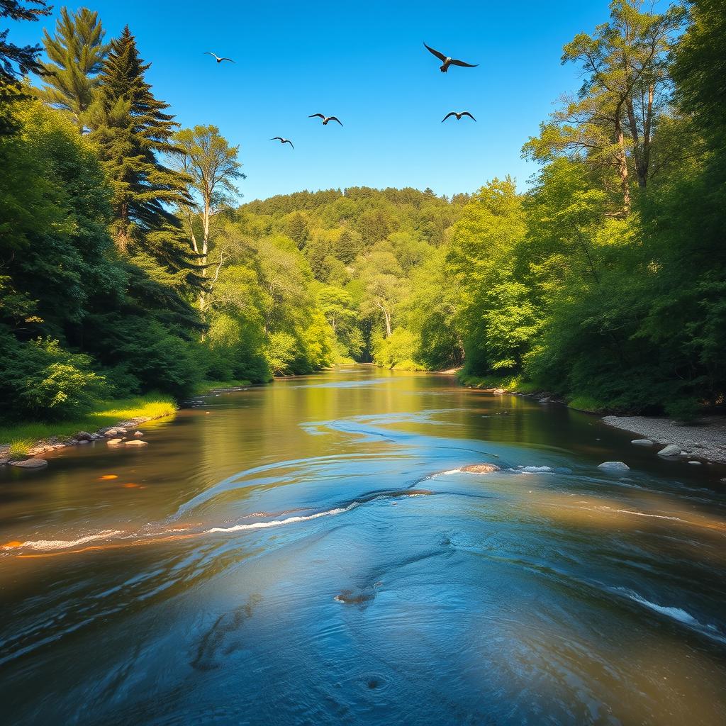 A serene landscape featuring a peaceful river flowing through a lush green forest, with birds flying in the clear blue sky and sunlight filtering through the trees