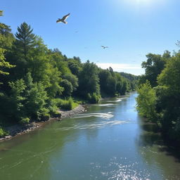 A serene landscape featuring a peaceful river flowing through a lush green forest, with birds flying in the clear blue sky and sunlight filtering through the trees