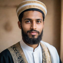 A handsome young scholar with a beard, dressed in traditional Islamic attire, with a serene expression of wisdom on his face.