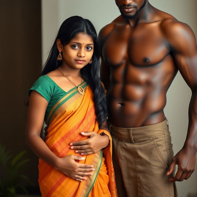 An Indian teenage girl wearing a low-waist saree and a sleeveless blouse, with her belly and navel visible