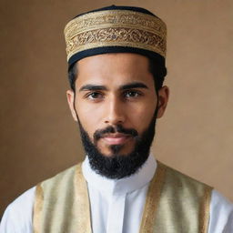 A handsome young scholar with a beard, dressed in traditional Islamic attire, with a serene expression of wisdom on his face.