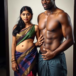 An Indian teenage girl wearing a low-waist saree and a sleeveless blouse, with her belly and navel visible