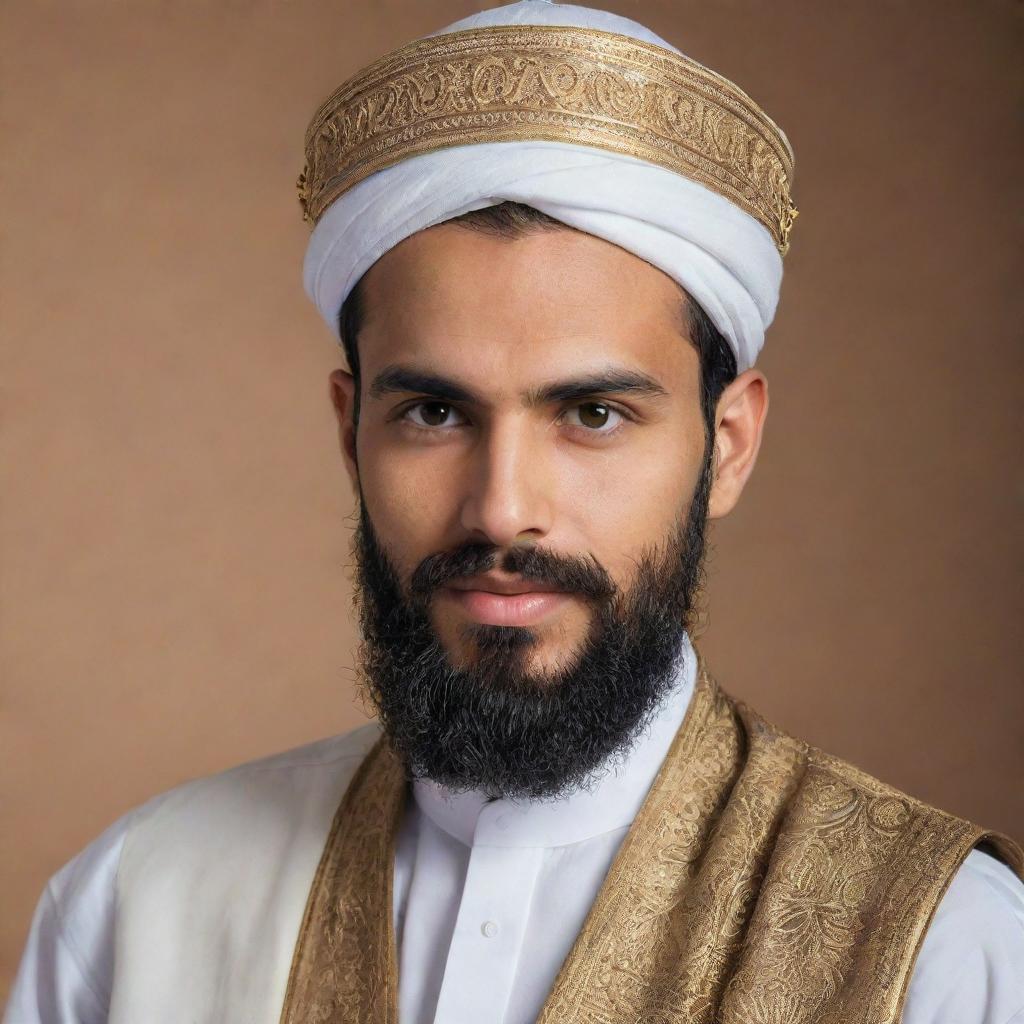 A handsome young scholar with a beard, dressed in traditional Islamic attire, with a serene expression of wisdom on his face.