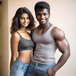 A slim Indian teenage girl wearing a short top, standing next to a fit, muscular black man