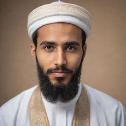 A handsome young scholar with a beard, dressed in traditional Islamic attire, with a serene expression of wisdom on his face.