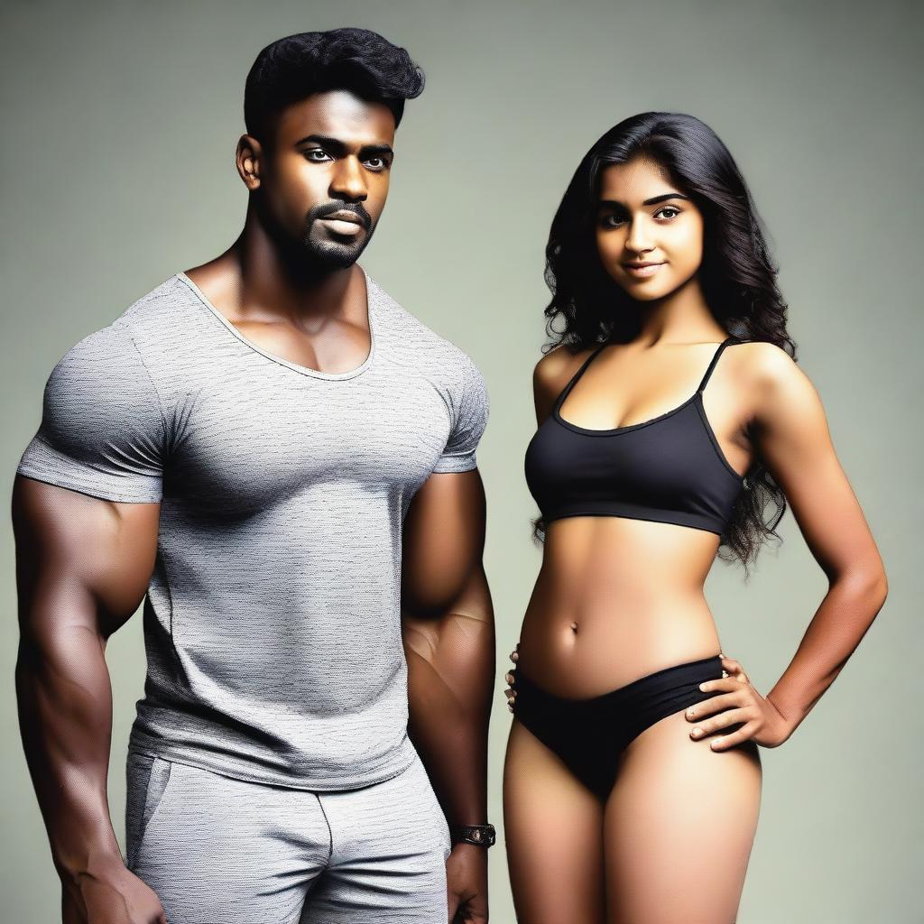 A slim Indian teenage girl wearing a sexy outfit, standing next to a fit, muscular black man