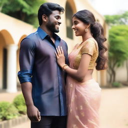 An Indian teenage slim girl wearing a transparent saree in a happy mood