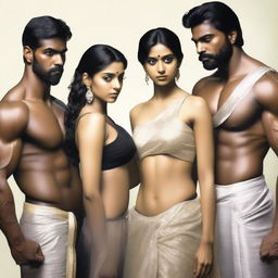 A slim Indian girl wearing a transparent saree, standing with two fit, muscular black men