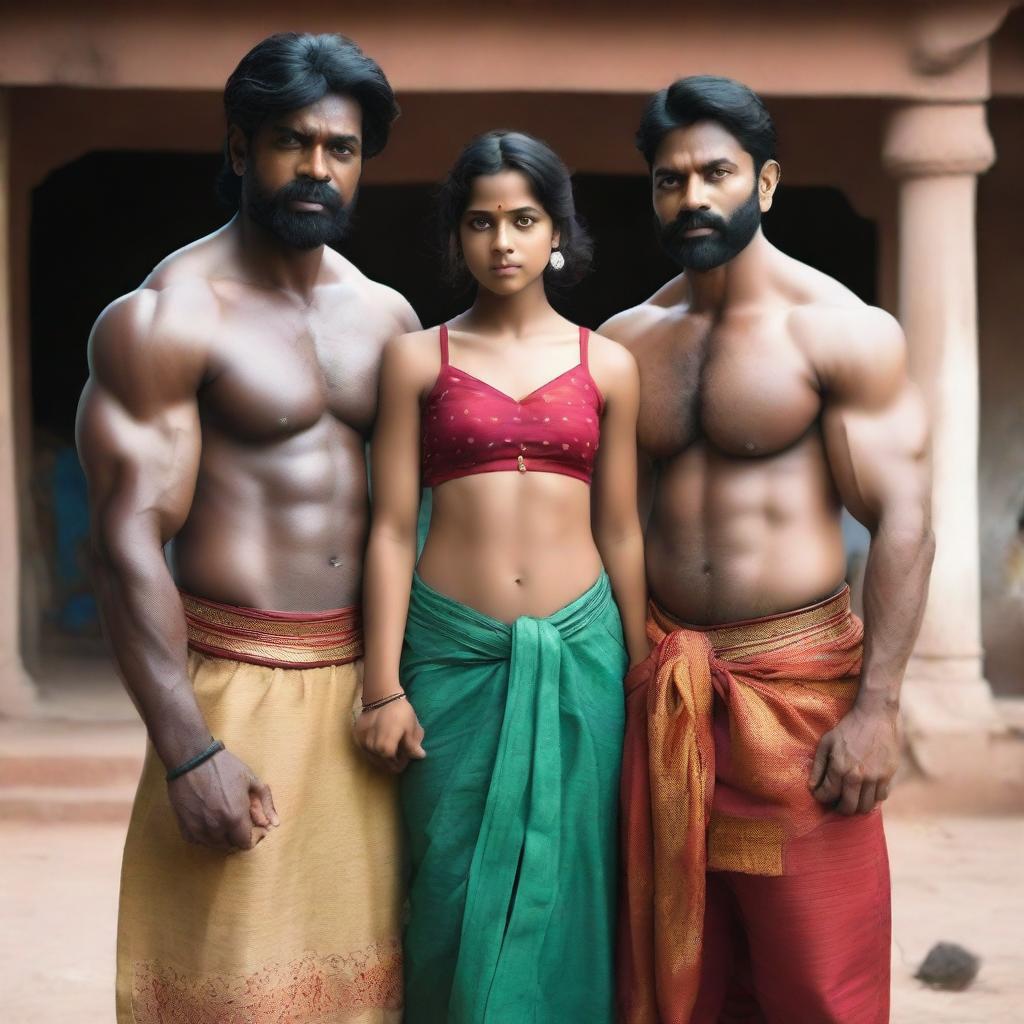 Two muscular black men standing on either side of a slim Indian girl