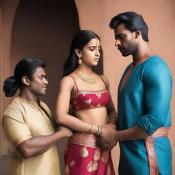 Two muscular black men standing on either side of a slim Indian girl