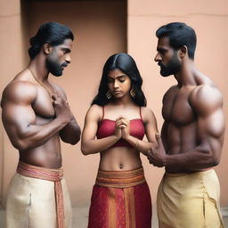 Two muscular black men standing on either side of a slim Indian girl